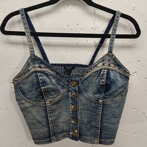 Forever 21 Denim Corset Crop Top Women's Small Custom Spike Studded
